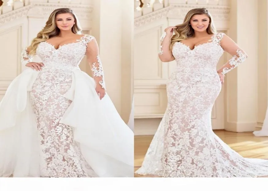 Oszałamiające sukienki ślubne syreny plus size z odłączonym pociągiem długie rękawy ślubne suknie ślubne ukochane szyję trumpet vestidos D8644048