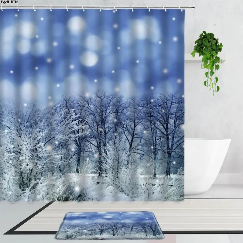 Shower Curtains 2Pcs Set Winter Forest Scenery Leaves Snowflake Ice Lake Landscape Bathroom Curtain Non-Slip Bath Mats Carpet