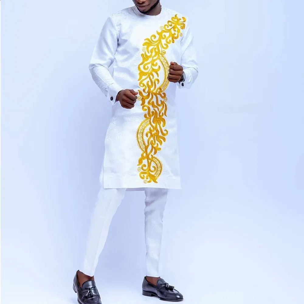 Kaftan Herren Kaunda Anzug weiß gestickte Langarm -Top -Hosen Sets afrikanische Hochzeits -Outfits Herrenanzüge Kleidung 240328