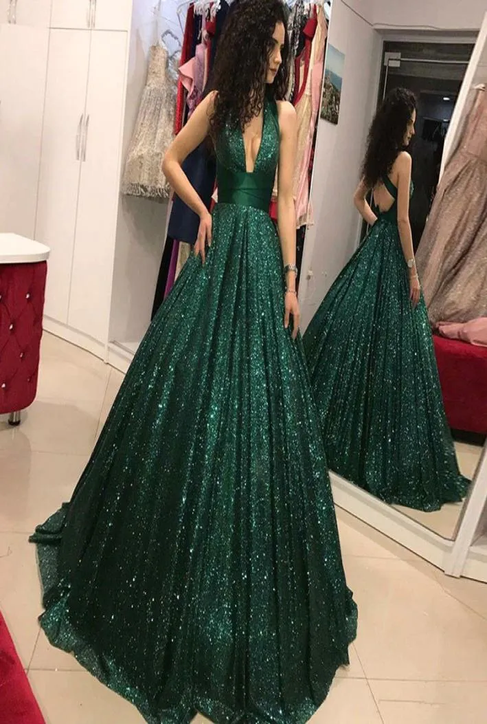 2020 Modestes bling Sequins vert foncé robes de bal élégantes Deep V Neck Ruffle Sequins Party Robe Vestidos de Formatura Robes 3392473