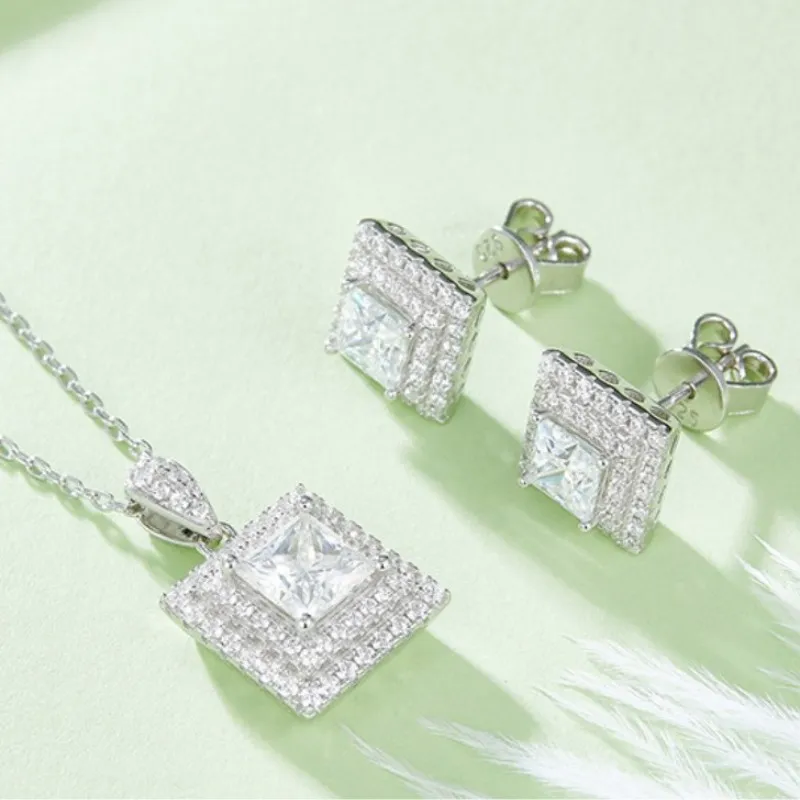 D Color Real Moissanite Jewelry Set 925 Sterling Silver Square Earrings Necklace Wedding Party Fine Jewelry For Women Gift