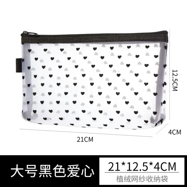 Cute Cosmetic Pouches Heart Shaped Printed Clear Mesh Bag Small