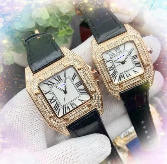 Luxury Square Roman Tank Three Pins Dial Watches Män Kvinnor Japan Quartz Movement Diamonds ring Rose Gold Silver fodral äkta läderbälte populärt armband klocka