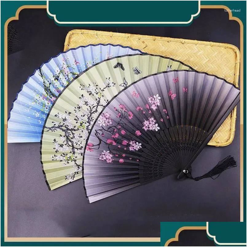 Dekorativa föremål Figurer Vintage Chinese Style Silk Folding Fan Art Craft Gift Wedding Party Dance Tassel Hand Fans Po Props Orn Dheno