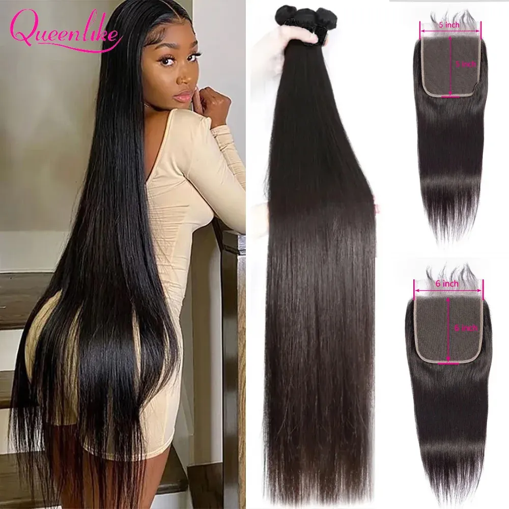 30 40 Inch Straight Human Hair Bundles With 4x45x56x6 Lace Closure Brazilian Weave 3 13x4 Frontal Remy 240402