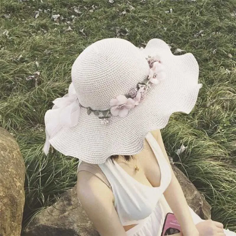 Wide Brim Hats Bucket Hats Summer Elegant Womens Sun Hat Flower Straw Hat Wide Brim Sea Beach Sun Hat Bone Capeline Chapeaux For Lady 240407