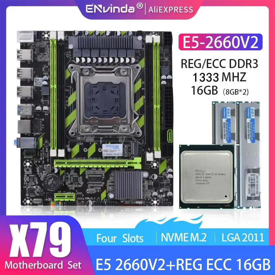 Hinges Envinda X79 płyta główna z Xeon E5 2660 V2 4*4G lub 2*8GB DDR3 1333 Reg ECC RAM Pamięć zestaw zestawu NVME SATA Server