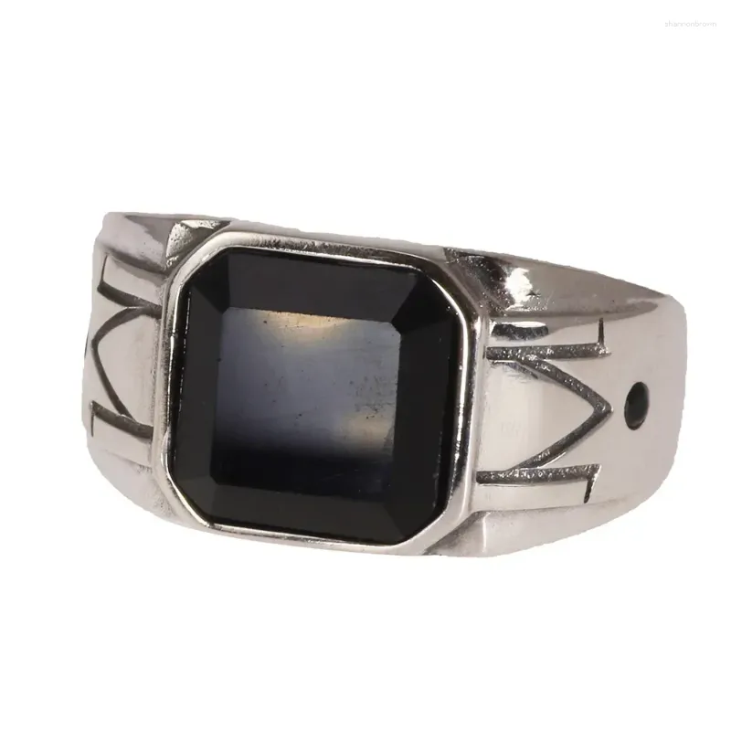 Klusterringar solida 925 sterling silver vintage punk enkla pojkar ring med naturlig svart onyx fyrkantig sten snidmönster smycken