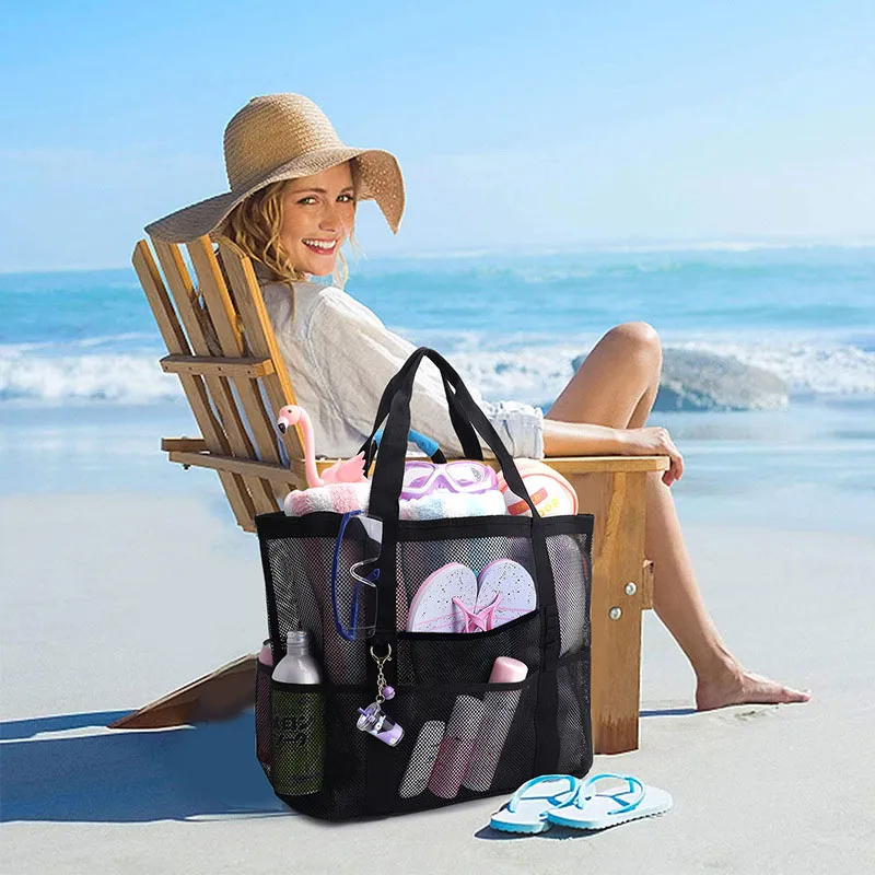 En kaliteli büyük kapasiteli çanta tasarımcısı çantalar kadın ve erkekler tatil seyahat havuzu çantası için büyük plaj çantası çeşitli renkler moda su geçirmez örgü plaj kolu