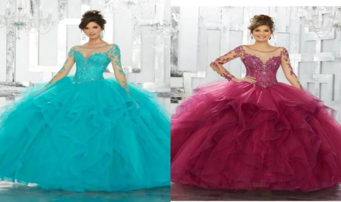 Custom Made Quinceanera Dresses Lace Applique Sequins Long Sleeve Blue Ball Gown Tulle Sweet 15 Gowns Plus Size1648165