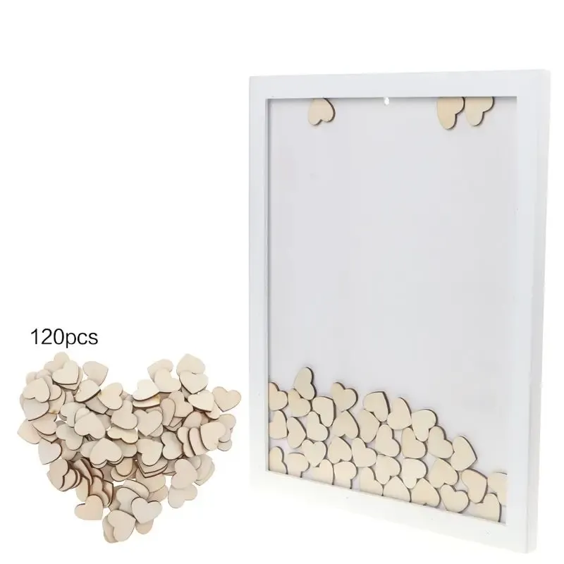 Quadro de quadro de casamento romântico quadro de livros de livros de livros de compras de casamento com 120pcs Heart Drop Top Top Wooden Memory Visitor Books