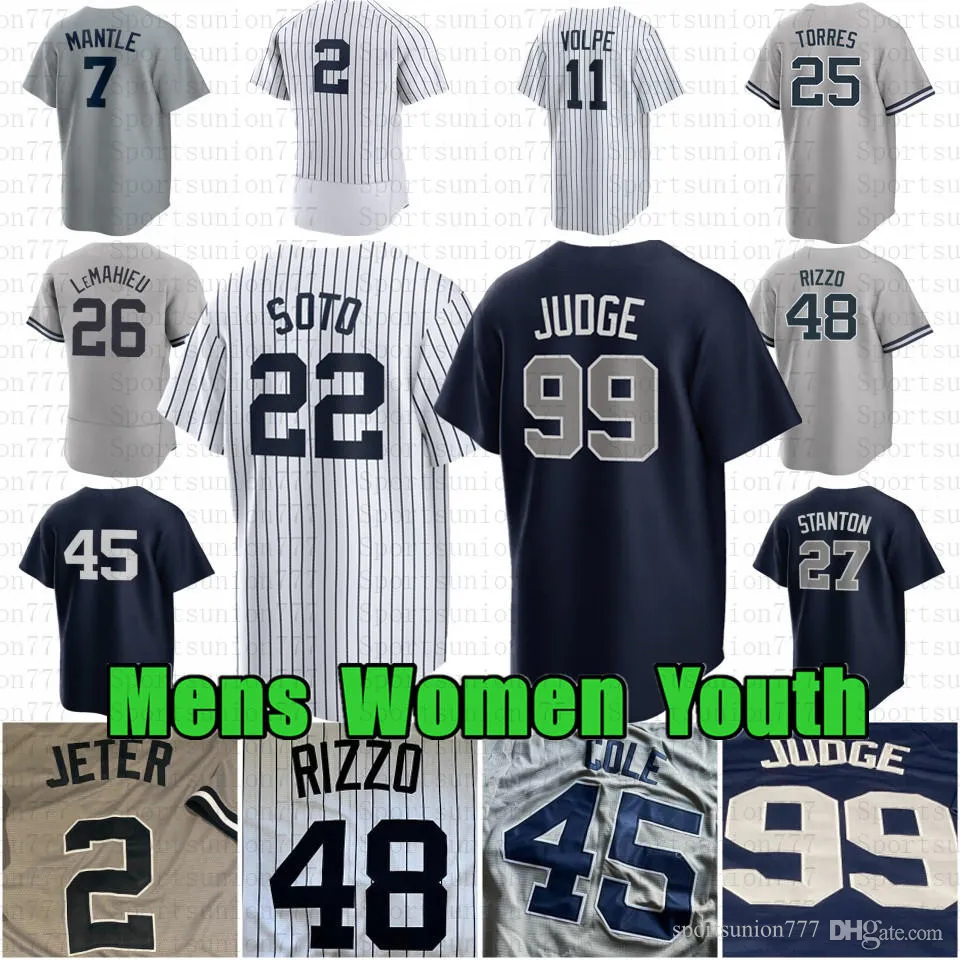 99 Juge Aaron Juan Soto Maillot de baseball personnalisé Marcus Stroman Anthony Volpe Rizzo Giancarlo Stanton Gleyber Torres Gerrit Cole Derek Jeter Alex Verdugo DJ Lemahieu