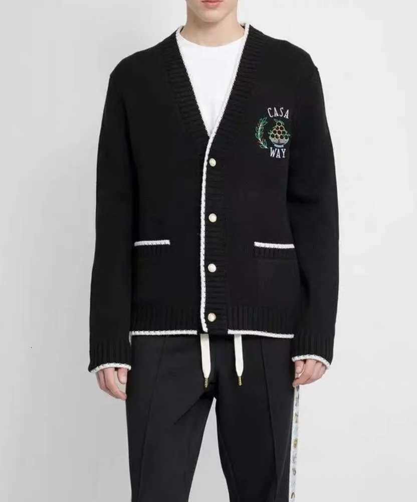 새로운 카사 블랑카 디자이너 양모 니트 스웨터 재킷 진주 버튼 편지 자수 자수 자카드 카디건 느슨한 남자와 여자 긴 슬리브 풀 오버 스웨터 카사 블랑 탑