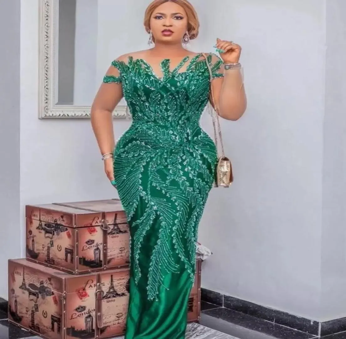 Elegant Green Aso Ebi Evening Dresses 2022 Short Sleeves Mermaid Satin Beaded Sexy Tassels Back With Slit Formal Party Gowns CG0017772535