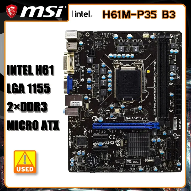 Moderbrädor MSI H61MP35 B3 Moderkort LGA 1155 DDR3 16GB PCIe 2.0 SATA II USB2.0 DVI Micro ATX för I52500T 2550K CPUS