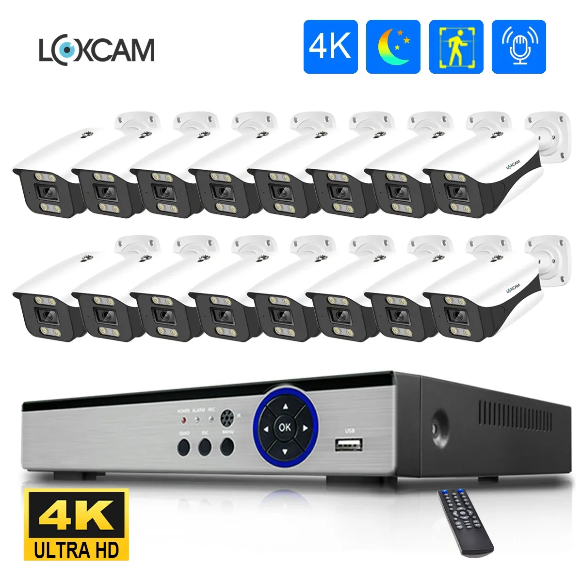 Système LOXCAM 16CH 4K 4K Ultra HD CCTV Camera System 8MP Sécurité extérieure imperméable Nuit coloré IP Camera Video Treeillance NVR Kit