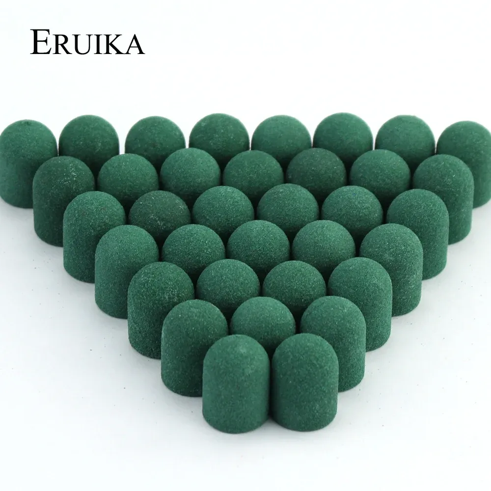 Erklärungen 50pcs 13*19 mm grüne Plastikschleifkappen Nagelbohrer Gummi -Fräser für Maniküre Pediküre Fuß Nagelhaut Werkzeuge