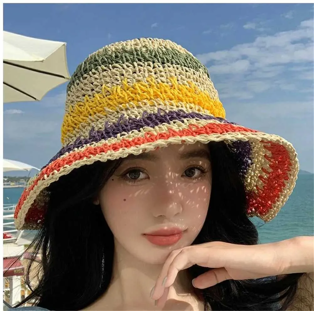 Wide BriM Hats Eimer ETHNIC TOURISMUS STRAW HAT 2024 NEUE HAT Women Summer Sun Touristen Strand Q240403