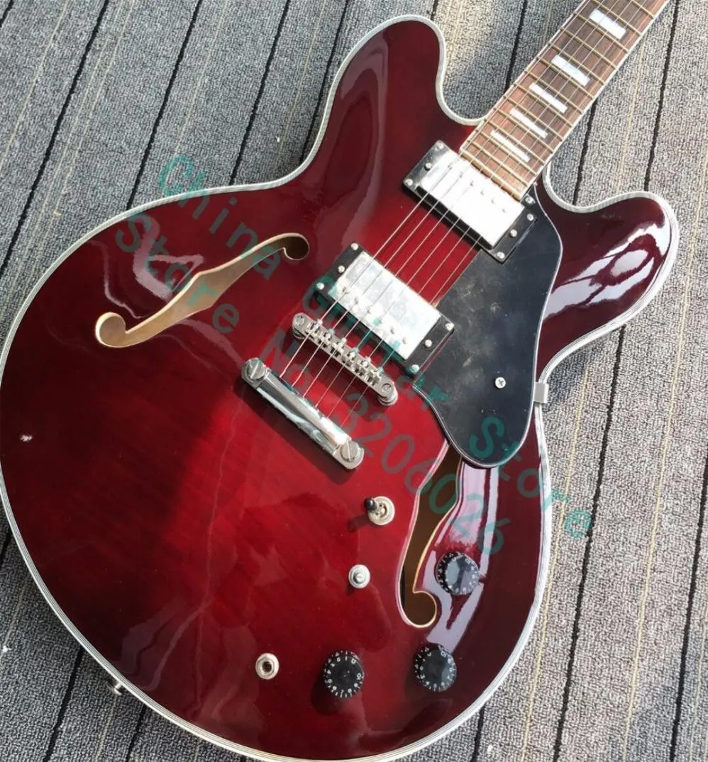 Custom Shop Wine Red 335 Semi Hollow Body Flame Maple Top Jazz E -Gitarrenchrom -Hardware Weißer Mop Block Inlay Grover Tune4718877