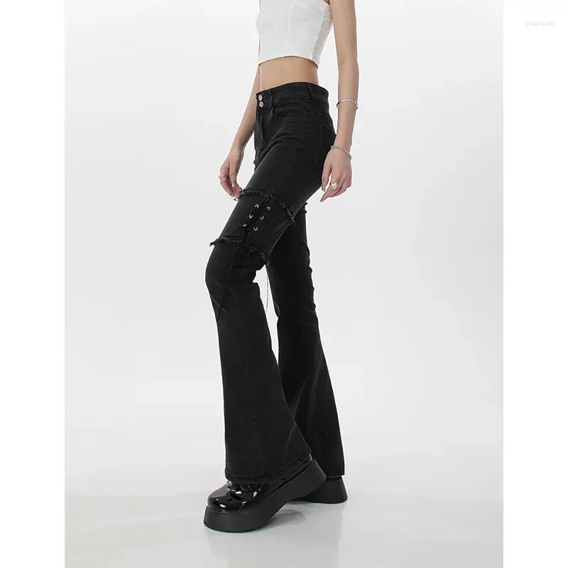 Jeans pour femmes gris foncé vintage flare haute taille extensible pantalon d'auto-culture de mode