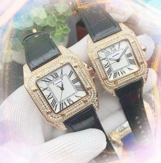 Super qualité Luxury Femmes Men Couple Watch Square Roman Tank Series Horloge de la chaîne de cuir de vache Vow Vache Bracelet Diamonds Ring Lady Quartz Cadeaux de bracelet