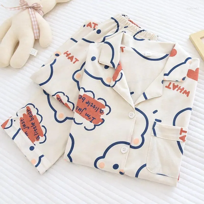 Hemkläder Spring Autumn Cotton 2st Pyjamas Passar Kvinnor Intim underkläder Print Flower Sleepwear Casual Pyjamas