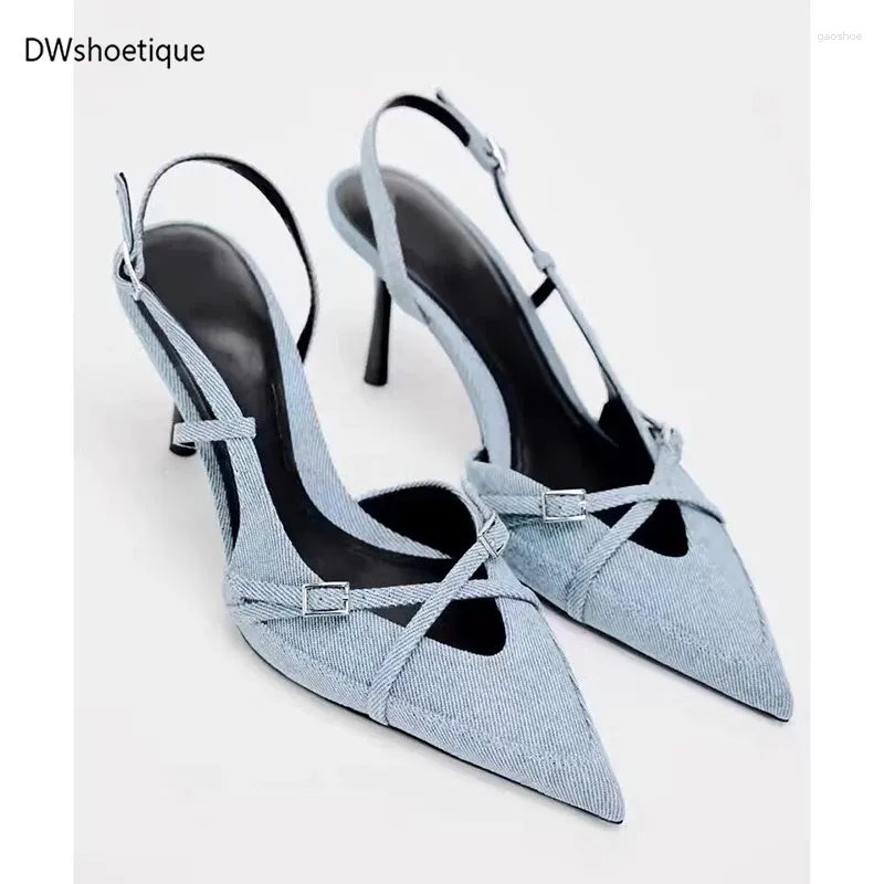 Jurk schoenen gesp gebik strap demin dames slingbacks sexy dunne hiel puntige teen teen