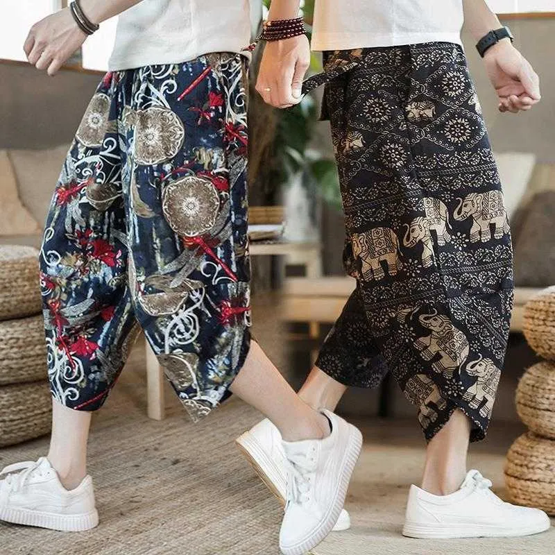 Linage d'été Capris Mens Shorts décontractés de style chinois lâche grand pantalon de plage lanterne de chanvre thaïlandais mode