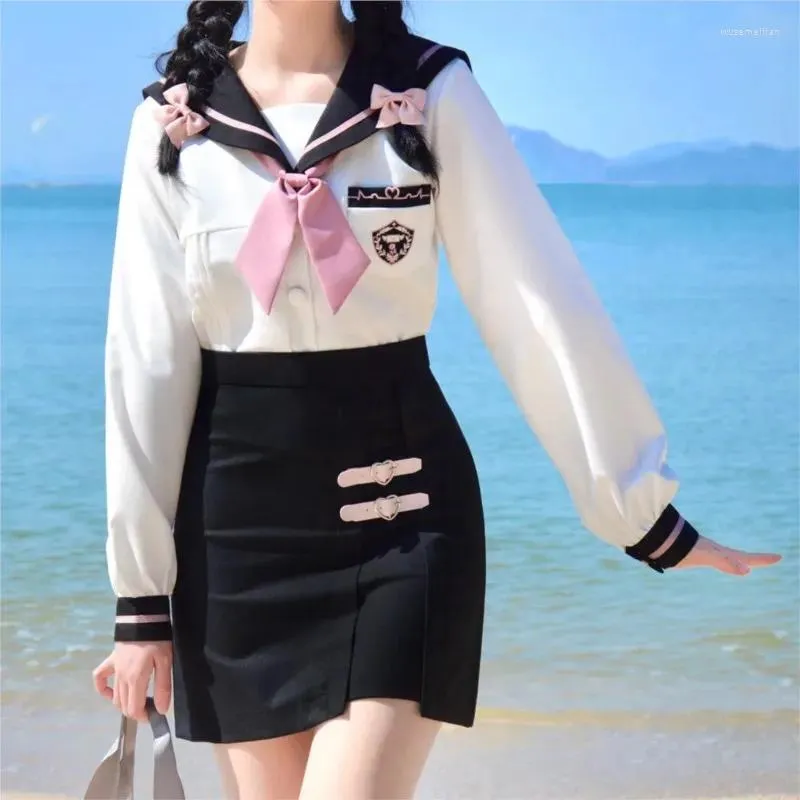 Kleding sets sexy vrouwelijke Sailor -uniform Koreaanse roze stropdas witte top bodycon rok Japanse schoolmeisjes jk pak cos kostuums vrouwen