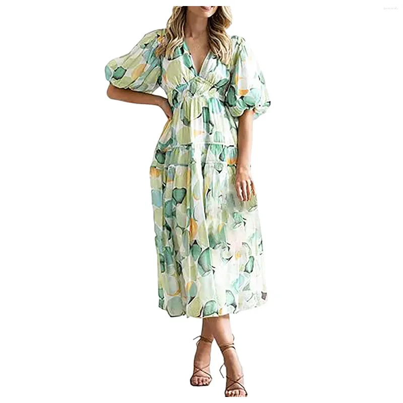 Casual Dresses Boho Floral Maxi Dress V Neck Long Sleeve Women Business One-Piece Women's Gown