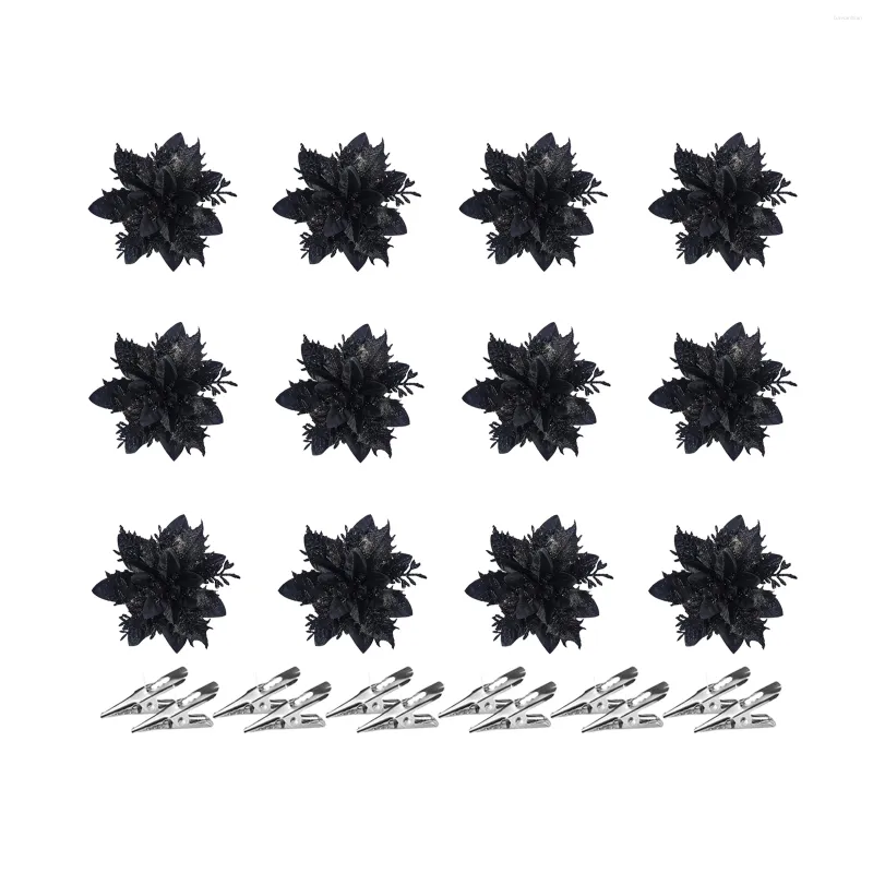 Decorative Flowers 12Pcs Black Artificial With Clips Glitter Christmas Tree Desktop Ornament Xmas Party Home DIY Decoration