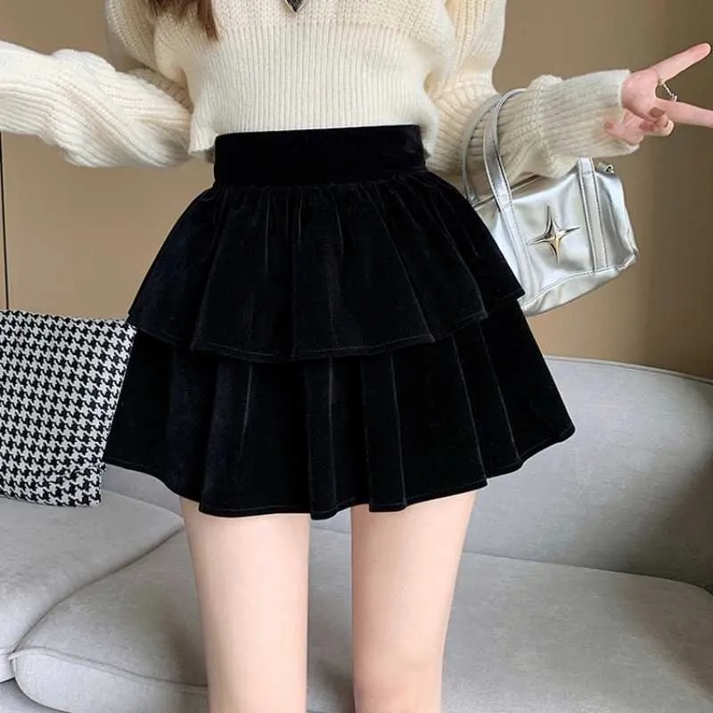 Black Velvet Skirt Womens Spring Golden Trim, High Waist A-Line