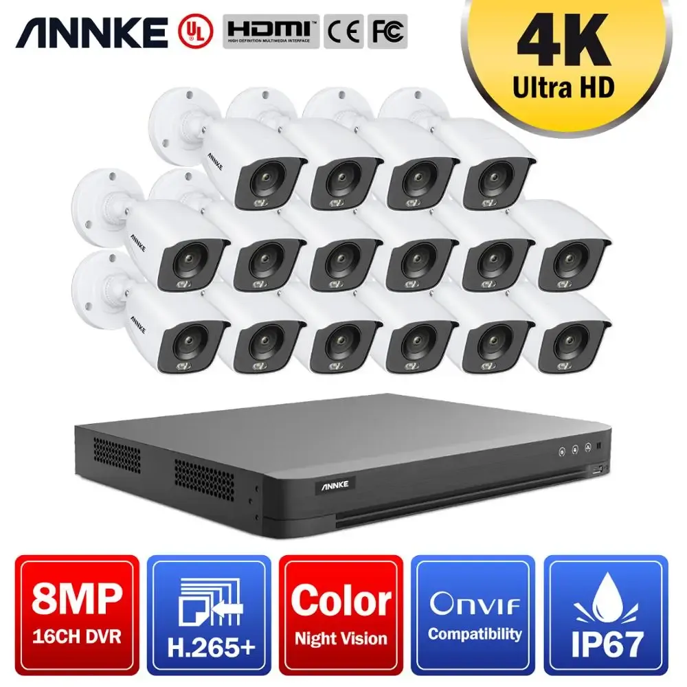 Système Annke 4K HD 16CH DVR Kit H.265 + CCTV Camera Security System 8MP CCTV System IR Outdoor Vision Night Vision Video Kits