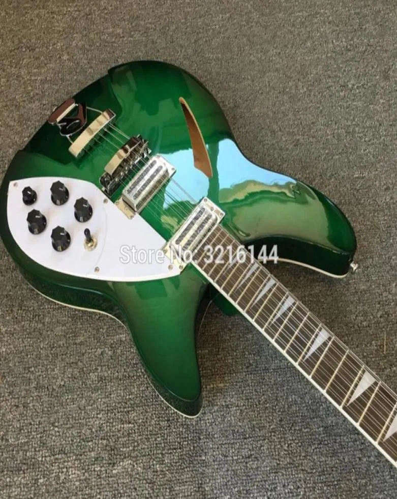 Custom Ric Trans Green Semi -Hollow Body 360 330 12 Строки Электро -гитара 2 Тостер пикапы с двумя выходными гнездами Треугольник Шваблика INLA7900067