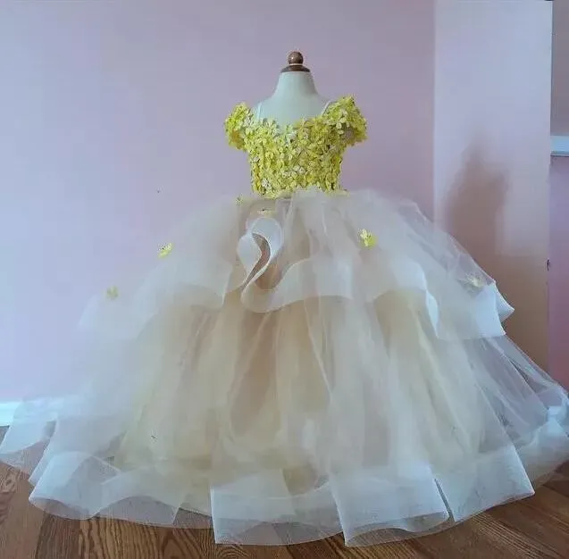 Jurken prachtige bloemenmeisjes jurken voor bruiloften met dopmouwen handgemaakte bloemen kleine meisje optochtjurk tule organza long kids par