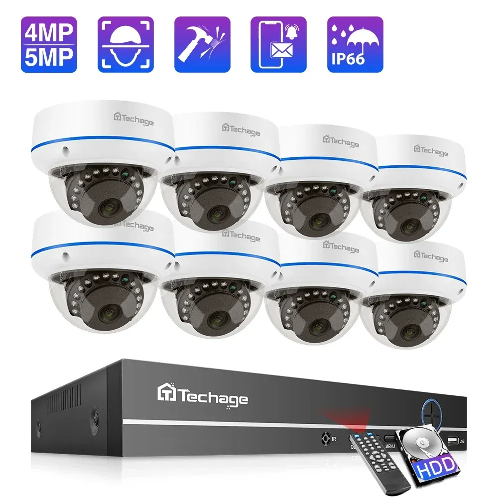 Sistema Techage H.265 8CH 4MP 5 MP POE Sistema Sistema Rilevamento audio Audio Record Vandalproor Dome Camera Sicurezza Kit di sorveglianza