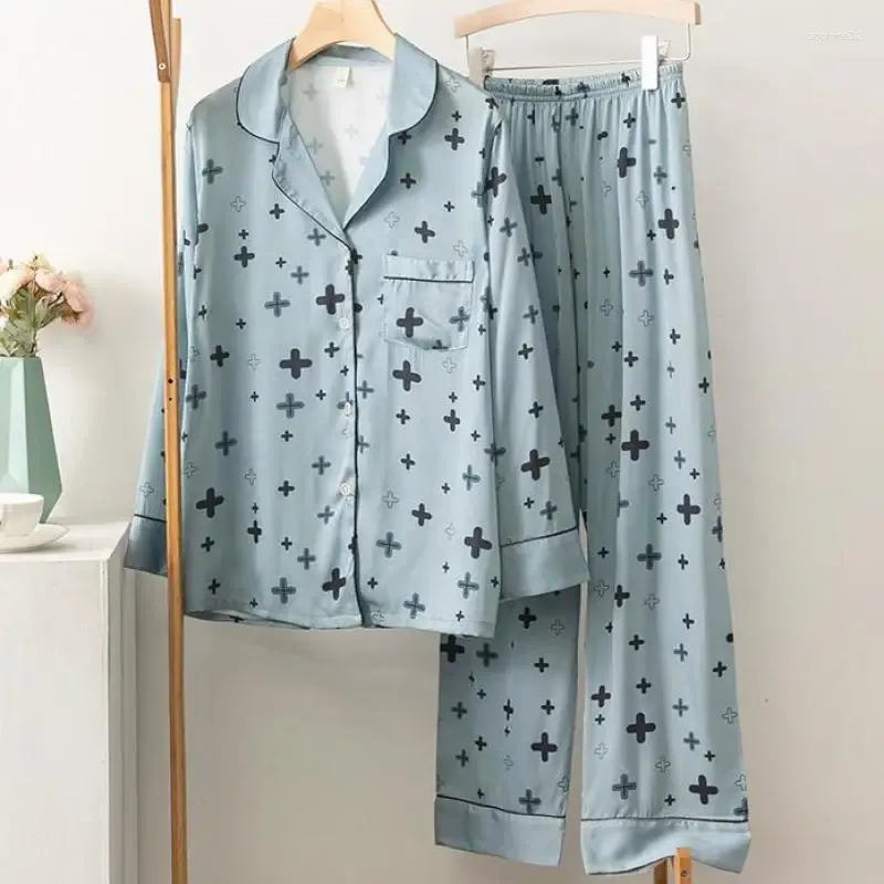 Heimkleidung Frühling Satin 2pcs Schlafset intime Dessous lässige Pyjamas Anzug Langarm Pyjamas Blaue Nachtwäsche