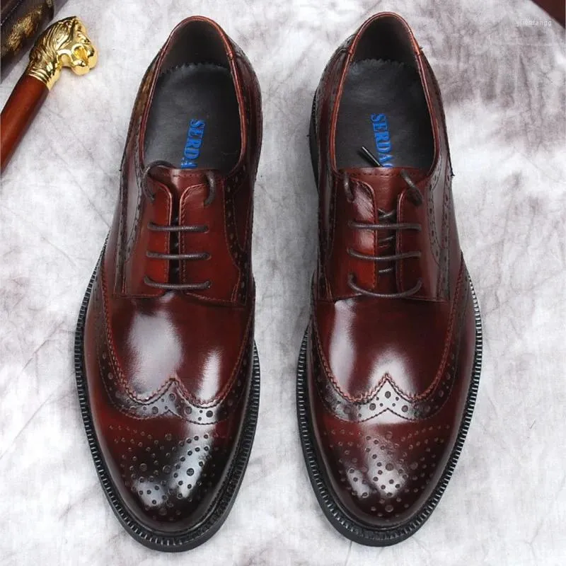 Dress Shoes Burgundy Black Genuine Leather Men Brogue Elegant Stylish Designer For Mens Lace-up British Casual