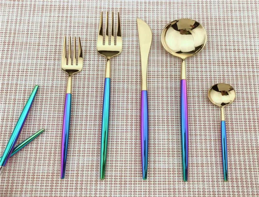 Korean Royal 5PCS Colorful Gold Silver Dinnerware Set 1810 Stainless Steel Silverware Set Rainbow Tableware Cutlery Knife Teaspoo9943959