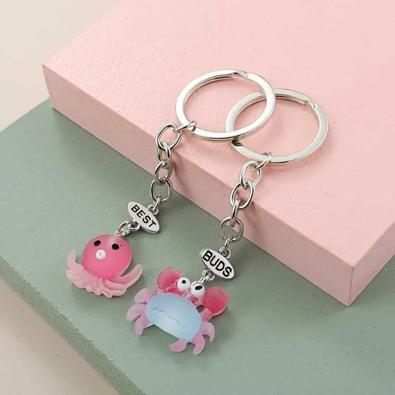 Keychains Lanyards 1 세트 (2pcs) Lovely Best Buds Keychain Resin Key Ring Crab Peach Ice Cream 비스킷 체인 BFF 우정 선물 수제 보석 Q240403