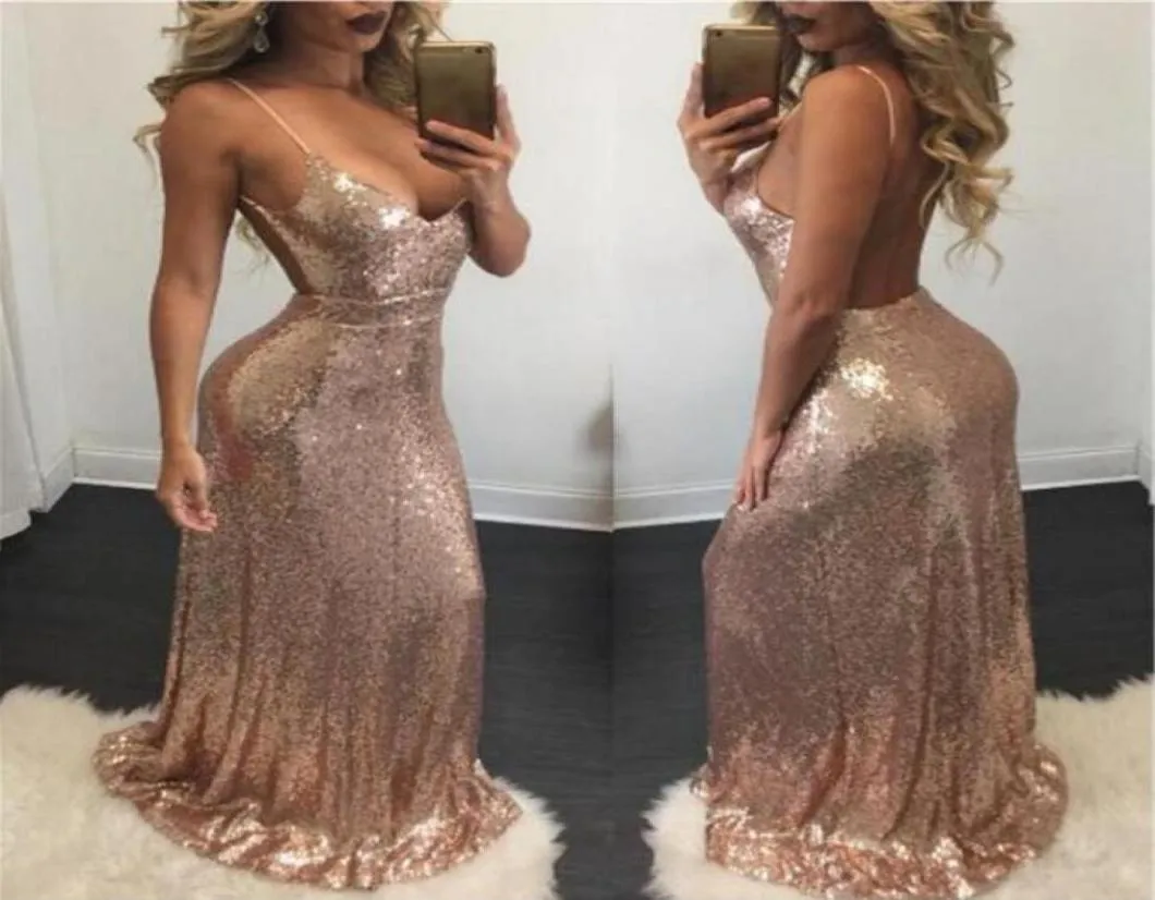 Backless Spaghettistist Sexig sjöjungfru aftonklänningar Rose Gold paljetter Prom Dresses Open Back Pageant -klänningar Anpassade 2018 BA67424307662