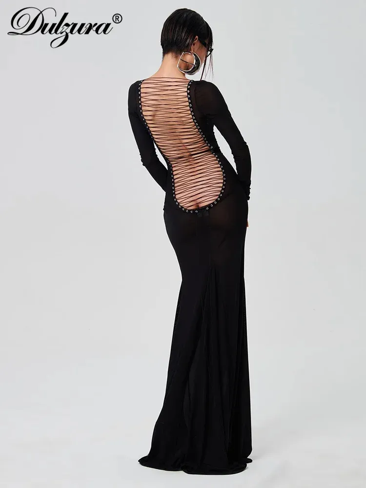 Dulzura Summer Solid See Through Maxi Backless Back Pasps Dress Długie rękaw jadalne drzewo grzybowe urodziny Y2K 240407