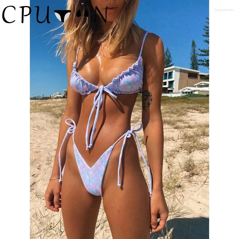 Women's Swimwear CPUTAN 2024 Sexy Push Up Bikini Set Swimsuit High Cut Thong Halter Retro Print Brazilian Biquini BathingSuit Beachwear