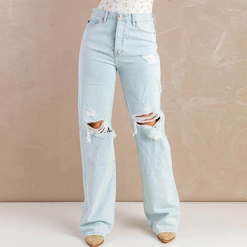 سراويل جينز للسيدات ربيع/الصيف غسول من جلد الغزال الخفيف سراويل الساق الواسعة 781939