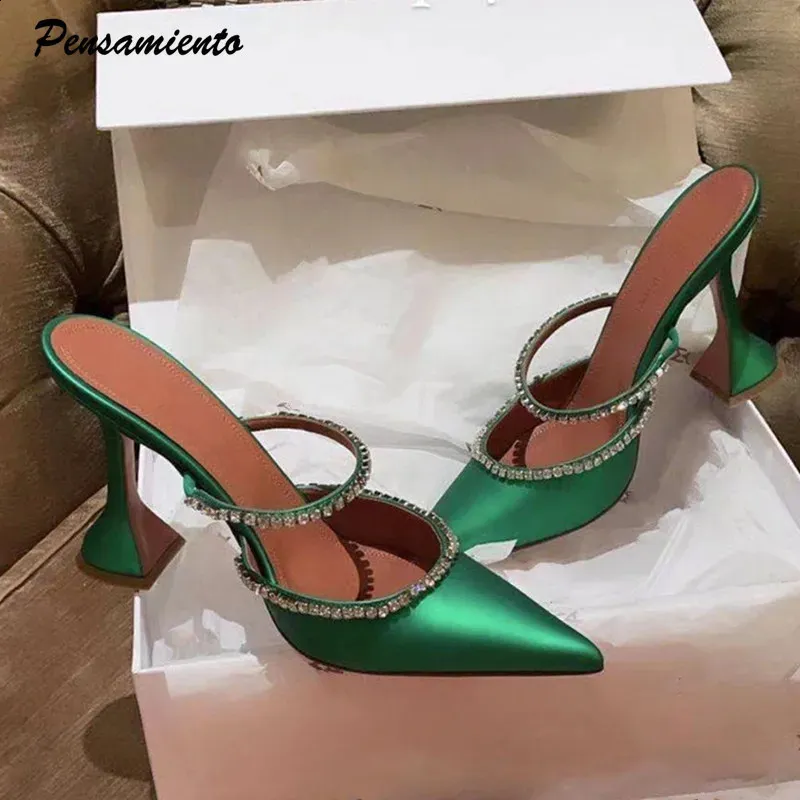 Pumps Elegant Slippers satin toe Women Rhinestones Pointed High heels Lady Mules Sildes Summer Fashion Party prom Shoes 240322 103