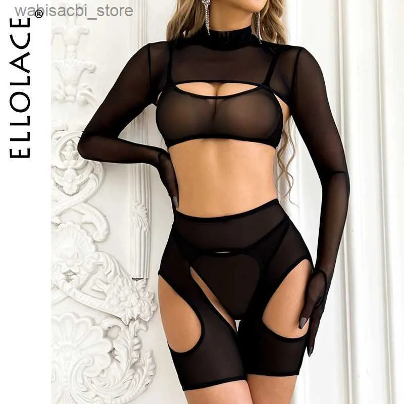 Set sexy Ellolace Sensual Lingerie Cover-Up Top-up con guanti in pizzo trasparente Vedi attraverso la biancheria intima sexy Tulle Taglia set esotici L2447