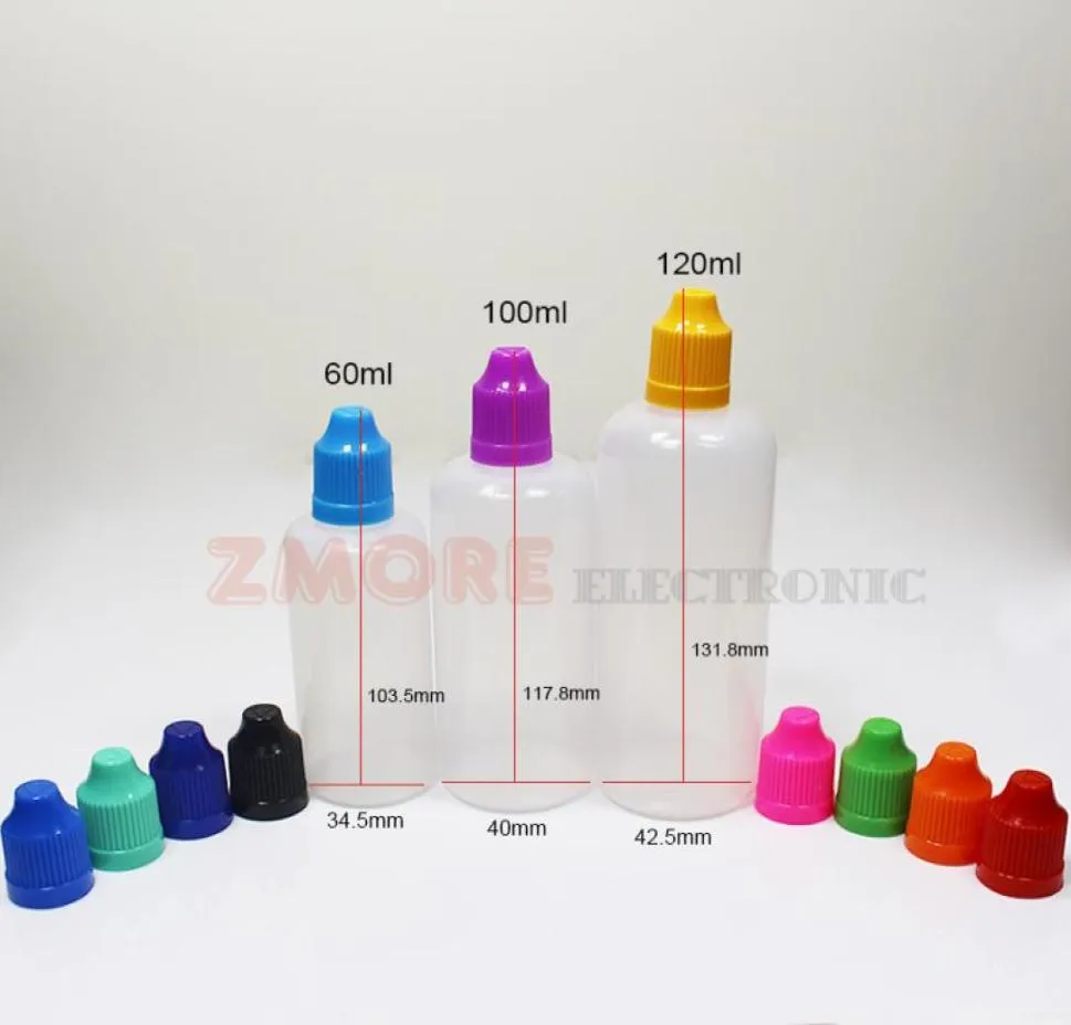 60 ml 100 ml 120 ml elektronik ECIG Liquid Bottles Plast Droper genomskinlig PE Tom E Juice Bottle Colorful Child Proof Caps Lon9591457