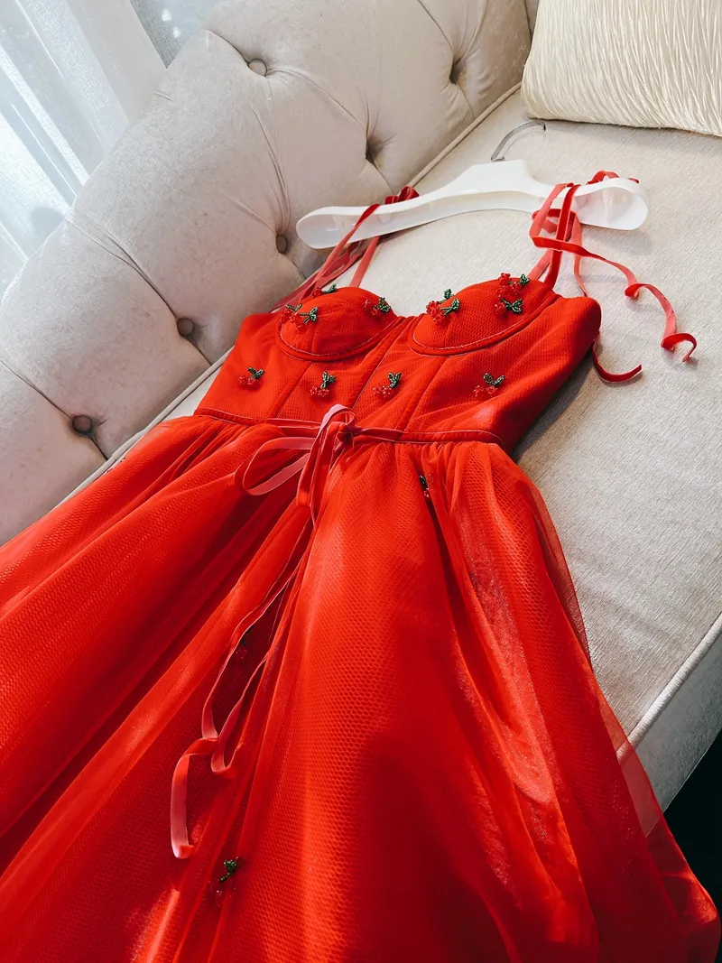 Spring Summer Red Cherry Beaded Tulle Dress Spaghetti Strap Sweetheart Neck Beading Ribbon Tie Bow Midi Casual Dresses J4M258238