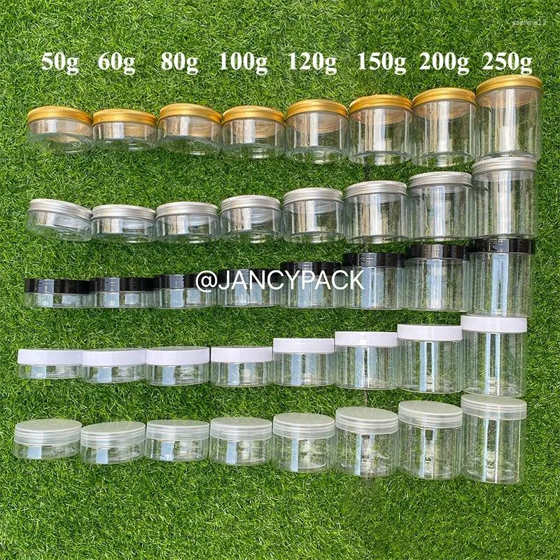 Bouteilles de rangement 50g 100g 120g 150g Jar en plastique avec couvercles vis en étain transparent maquillage de maquillage