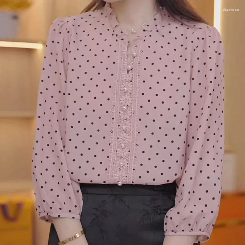 Blouses feminina Camisa de retalhos de renda rosa de renda rosa